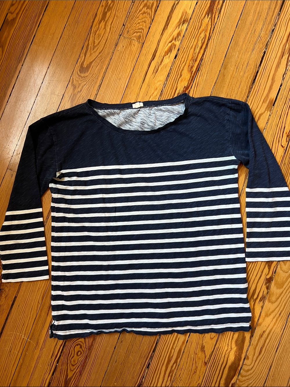 J. Crew Factory Navy and White Striped 3/4 Sleeve T-Shirt